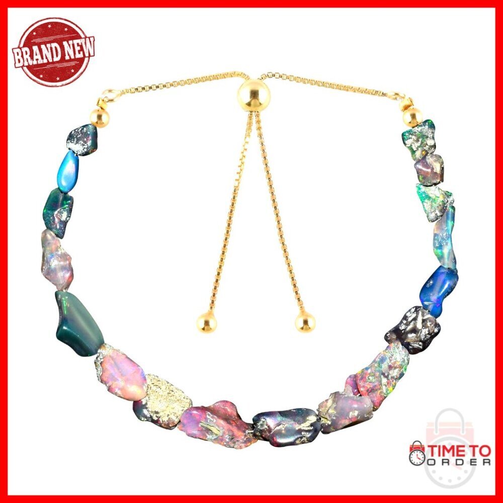 Adjustable Bolo Bracelet with Raw Ethiopian Opal Gemstones, 14k Gold Plated